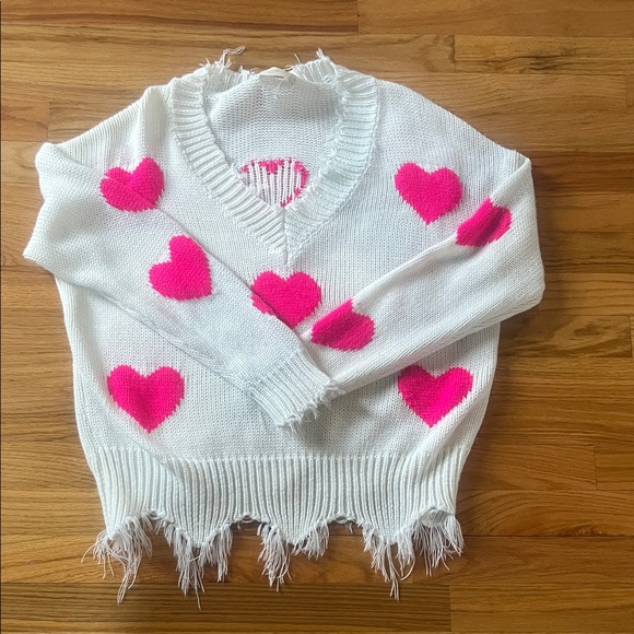 Sweaters - White Sweater with Pink Heart Motif - Women's Distressed V-Neck